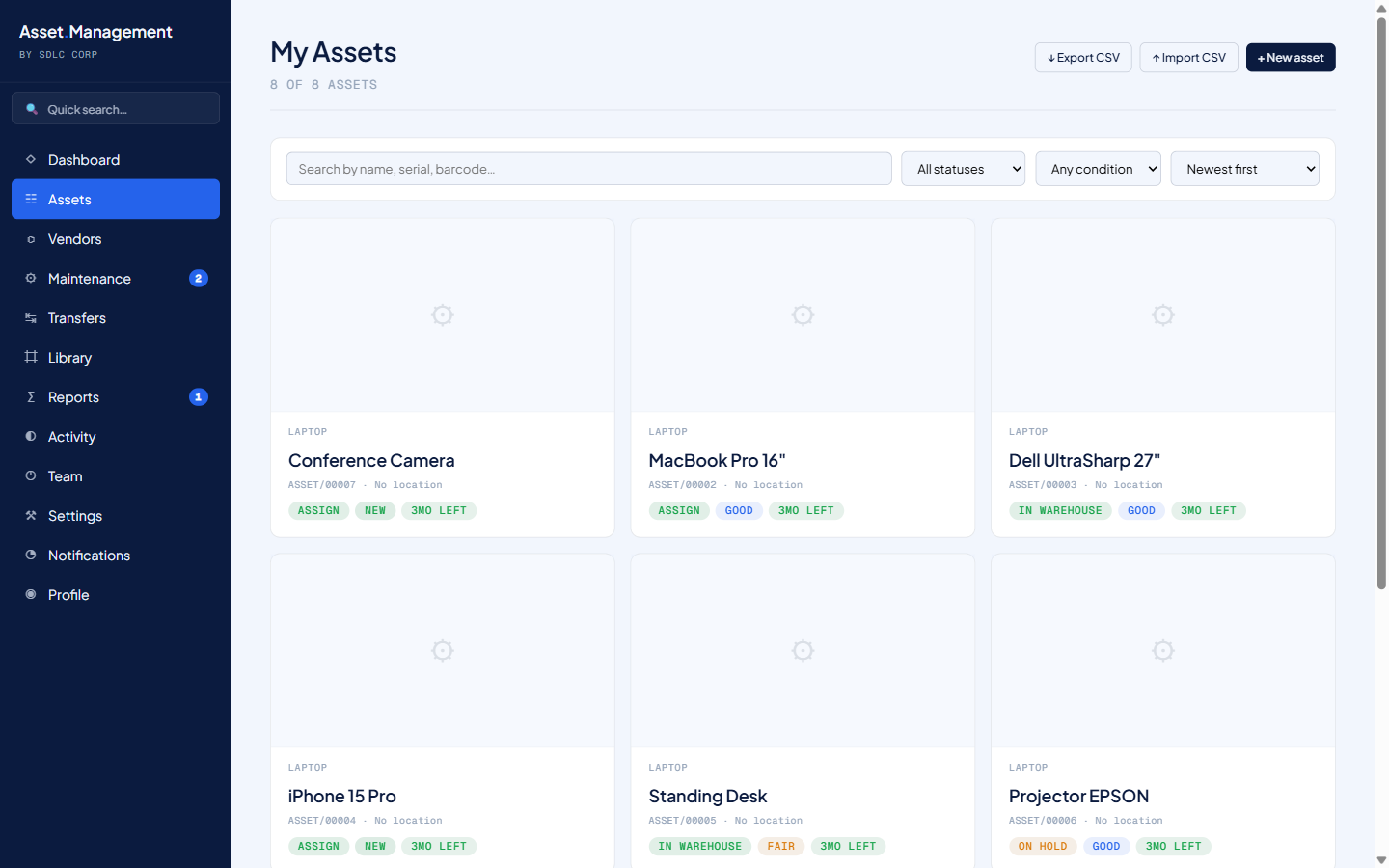Asset register grid with statuses and filters
